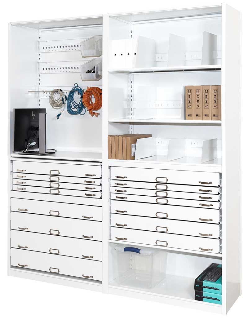 A white cabinet with lots of shelves and drawers