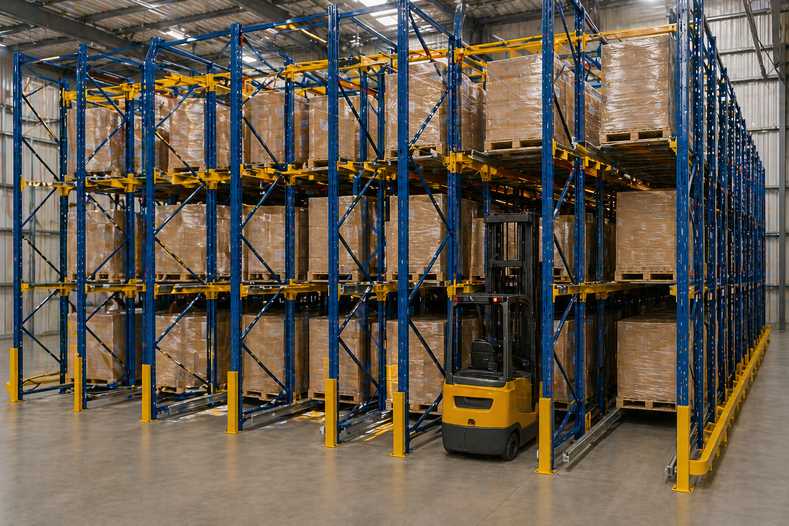 Stor-it Systems Warehouse shelving with stacked pallets and a yellow forklift in an aisle