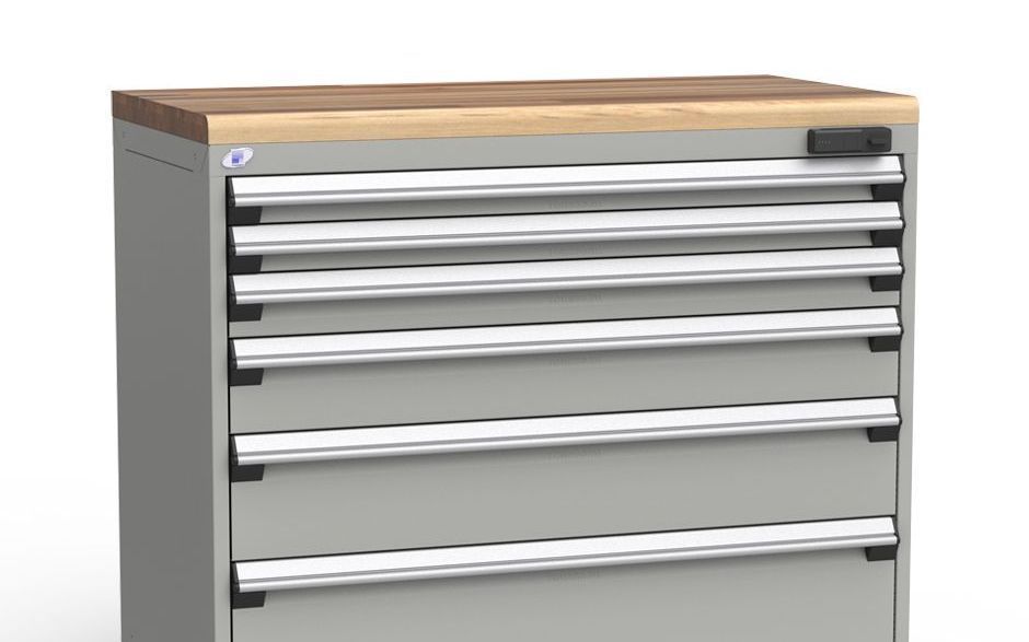 A gray cabinet with drawers and a wooden top on a white background.