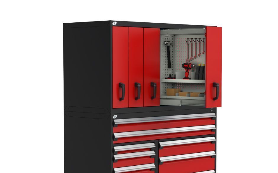 A red and black tool cabinet with a drill inside of it.