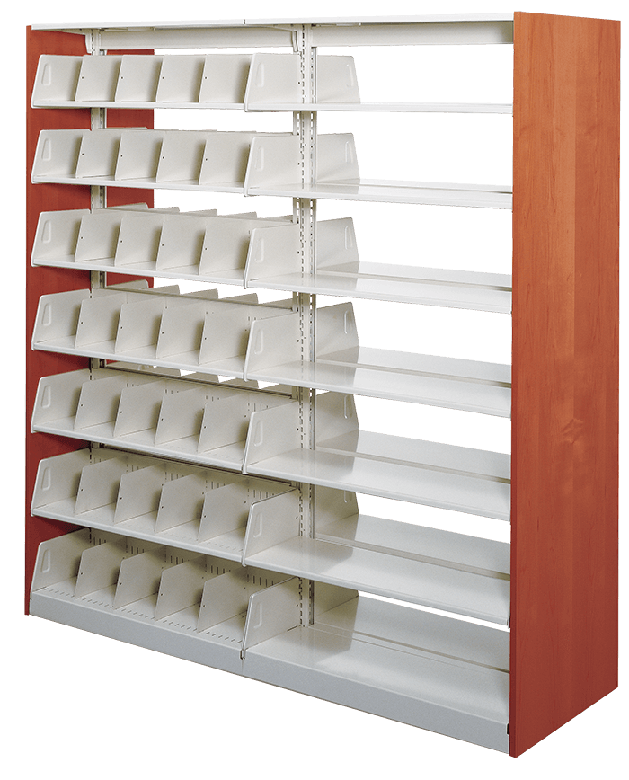 A library bookshelf with white shelves and a wooden frame