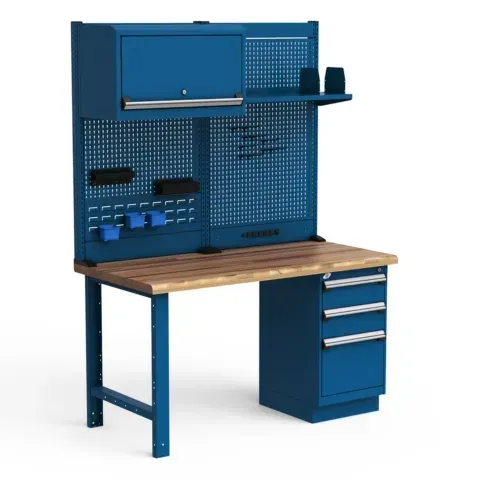 A blue workbench with a wooden top and drawers