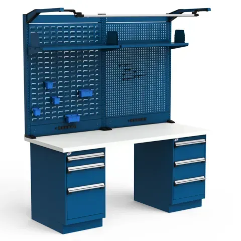 A blue workbench with a white top and drawers