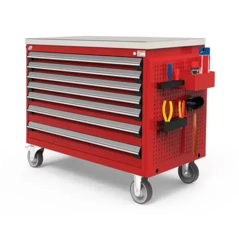 A red tool cart with a stainless steel top and wheels.