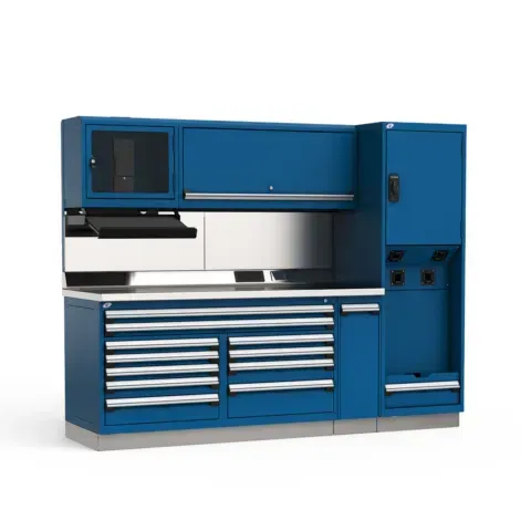 A blue cabinet with a stainless steel counter top and drawers.
