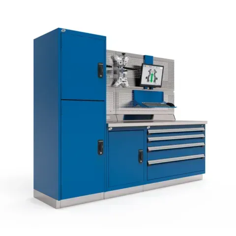 A blue cabinet with a computer on top of it.