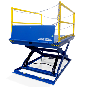 A blue giant lift with a yellow railing