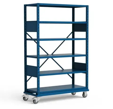 A warehouse filled with lots of shelves and red barriers.