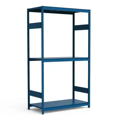 A row of white shelves in a library.