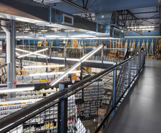 An aerial view of a store with a railing