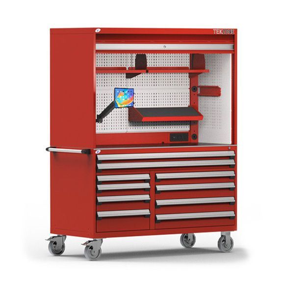 A red toolbox with a shelf and drawers on a white background.