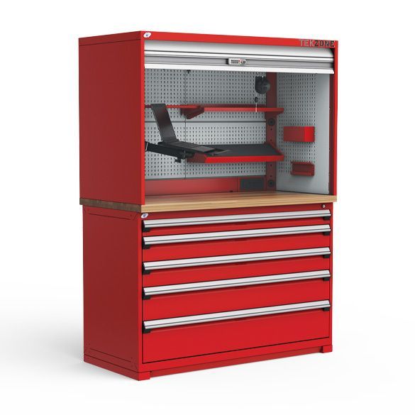 A red cabinet with a laptop on top of it