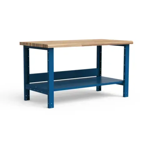 A blue workbench with a wooden top and a shelf underneath it.