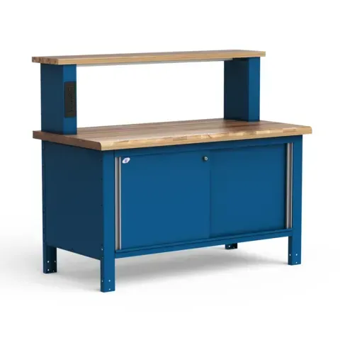 A blue workbench with a wooden top on a white background.
