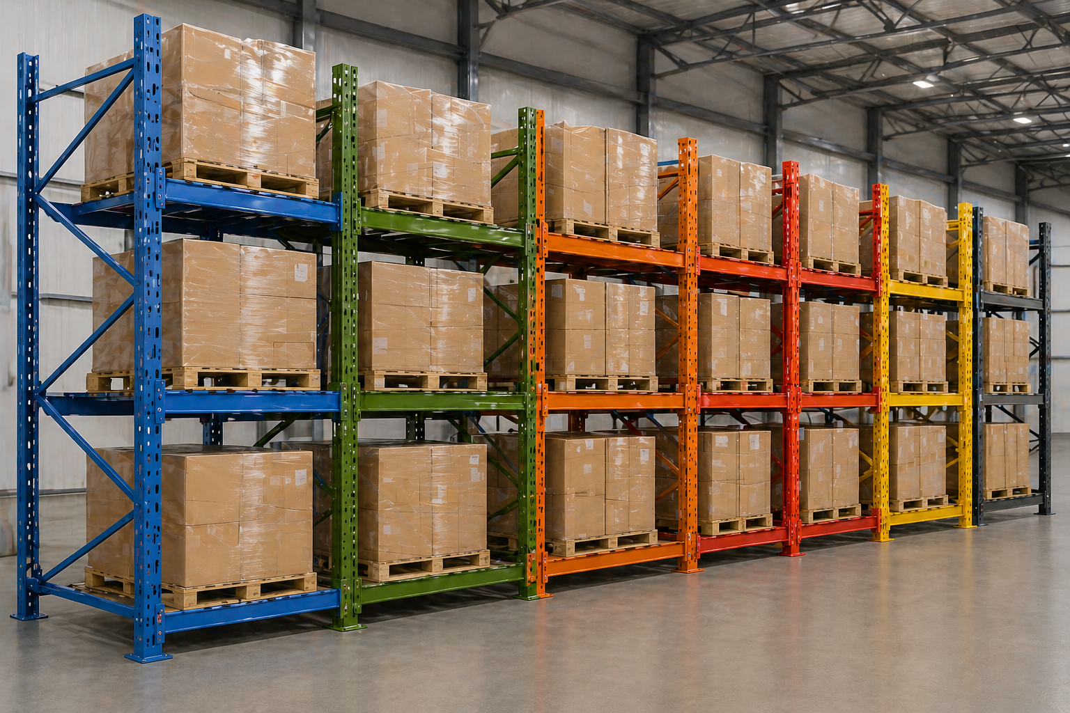 A large warehouse filled with lots of boxes on shelves.