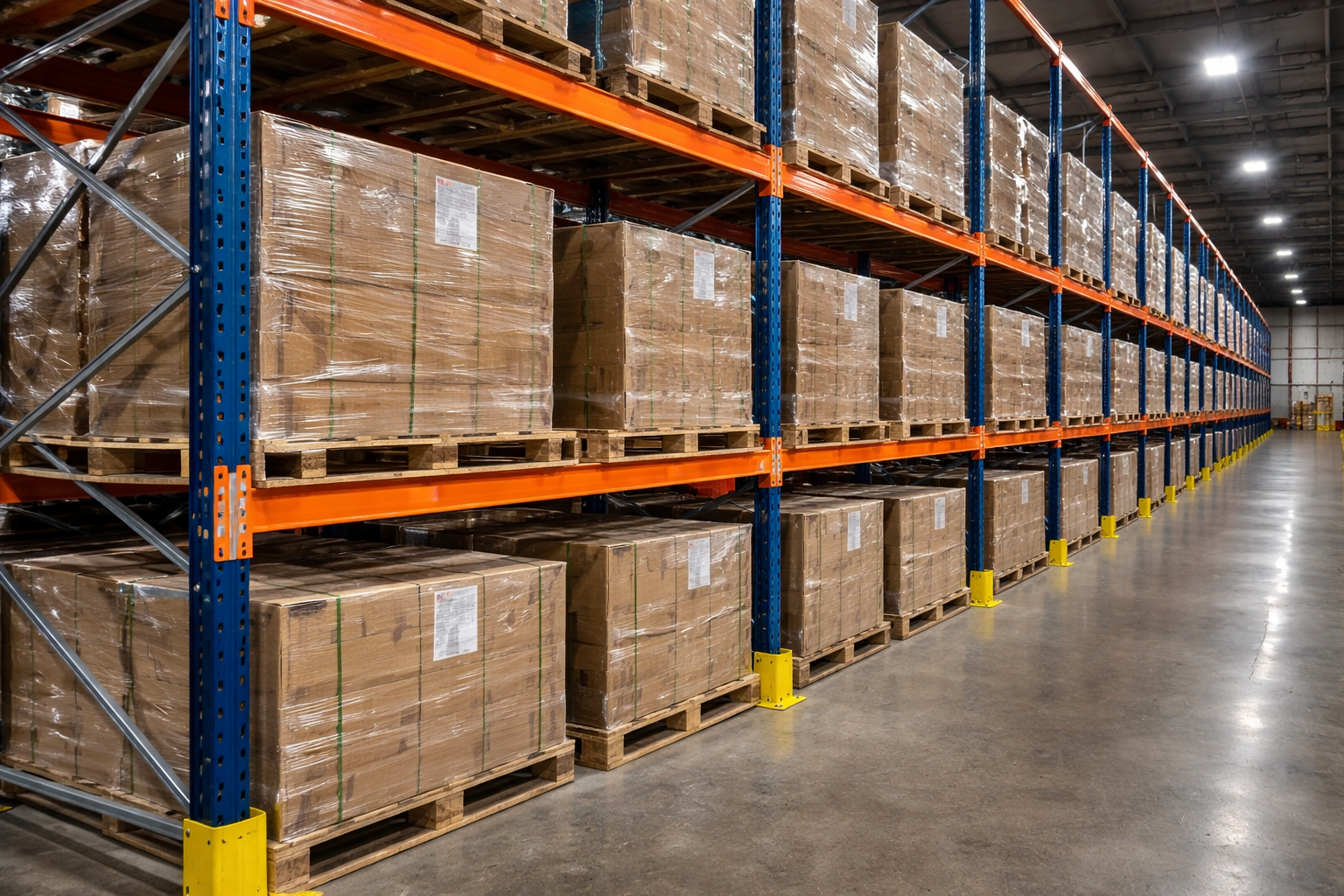 An empty warehouse with red and blue shelves and a yellow line on the floor