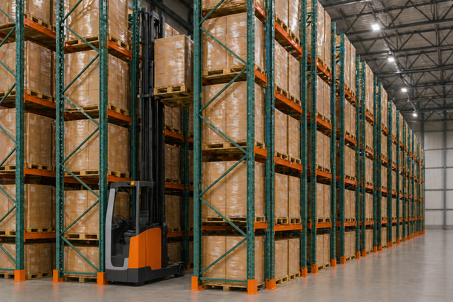 An empty warehouse with orange shelves and a concrete floor.