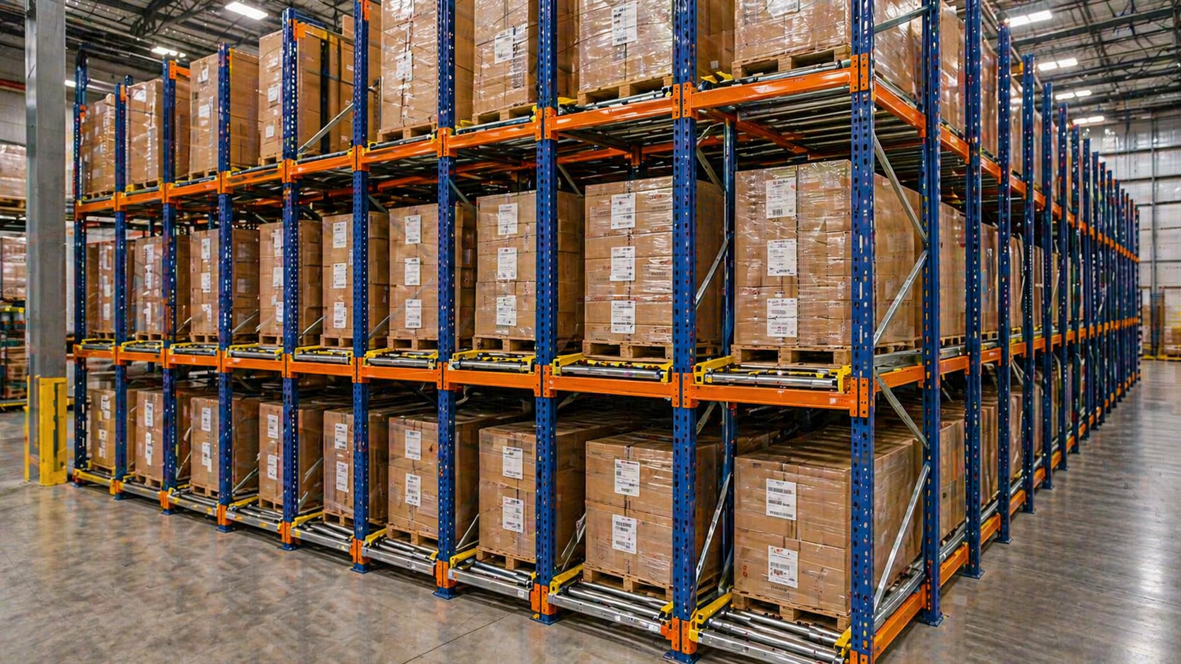Warehouse shelves stacked with cardboard boxes on blue metal racks in an industrial storage aisle