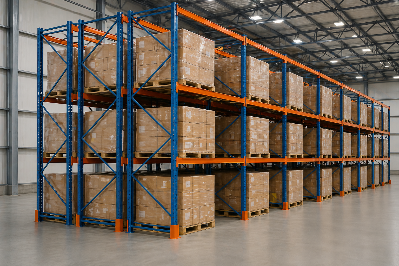 An empty warehouse with orange shelves and a concrete floor.