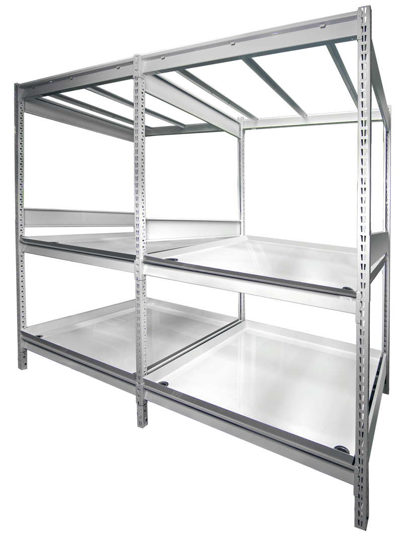 A metal rack with three shelves on a white background.