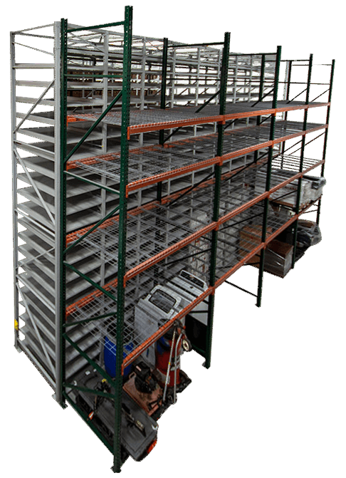 A warehouse filled with lots of shelves and a vacuum cleaner.