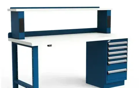 A blue and white workbench with a drawer underneath it.