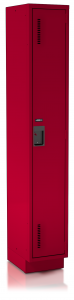 A red locker with a lock on it is sitting on a white surface.