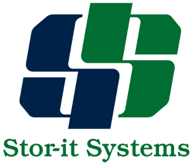 A blue and green logo for stor-it systems