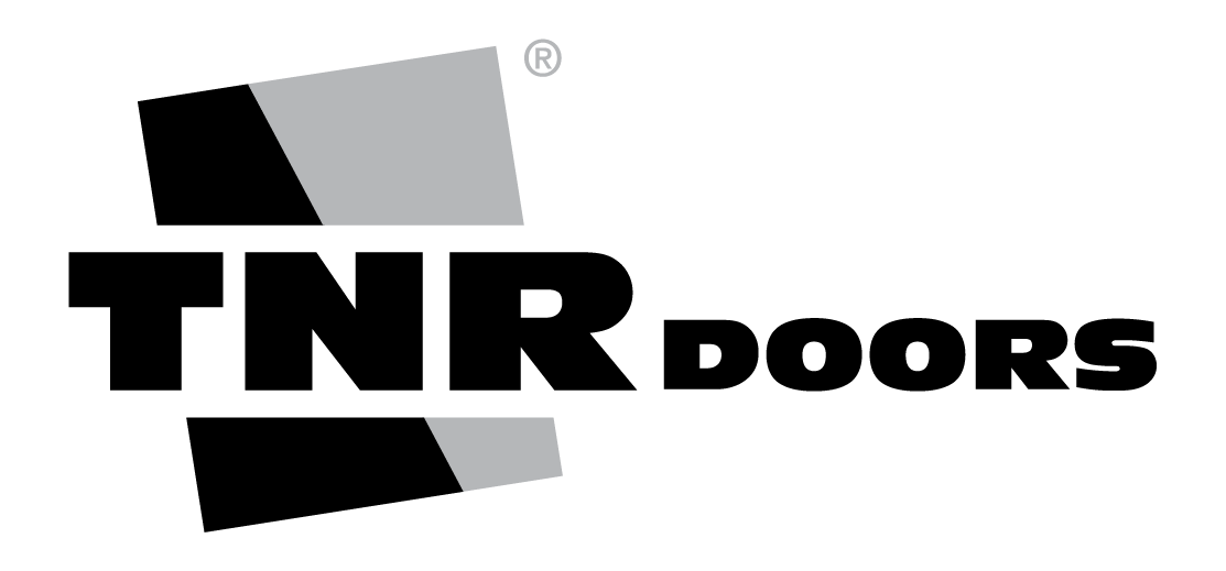 A black and white logo for tnr doors on a white background.