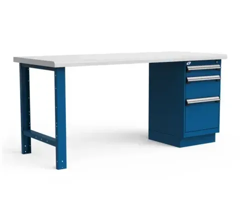 A blue and white workbench with drawers on a white background.