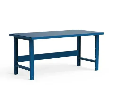 A blue metal workbench on a white background.