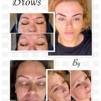 Collage showing before and after photos of eyebrow cosmetic tattooing procedures, highlighting hair stroke enhancement.