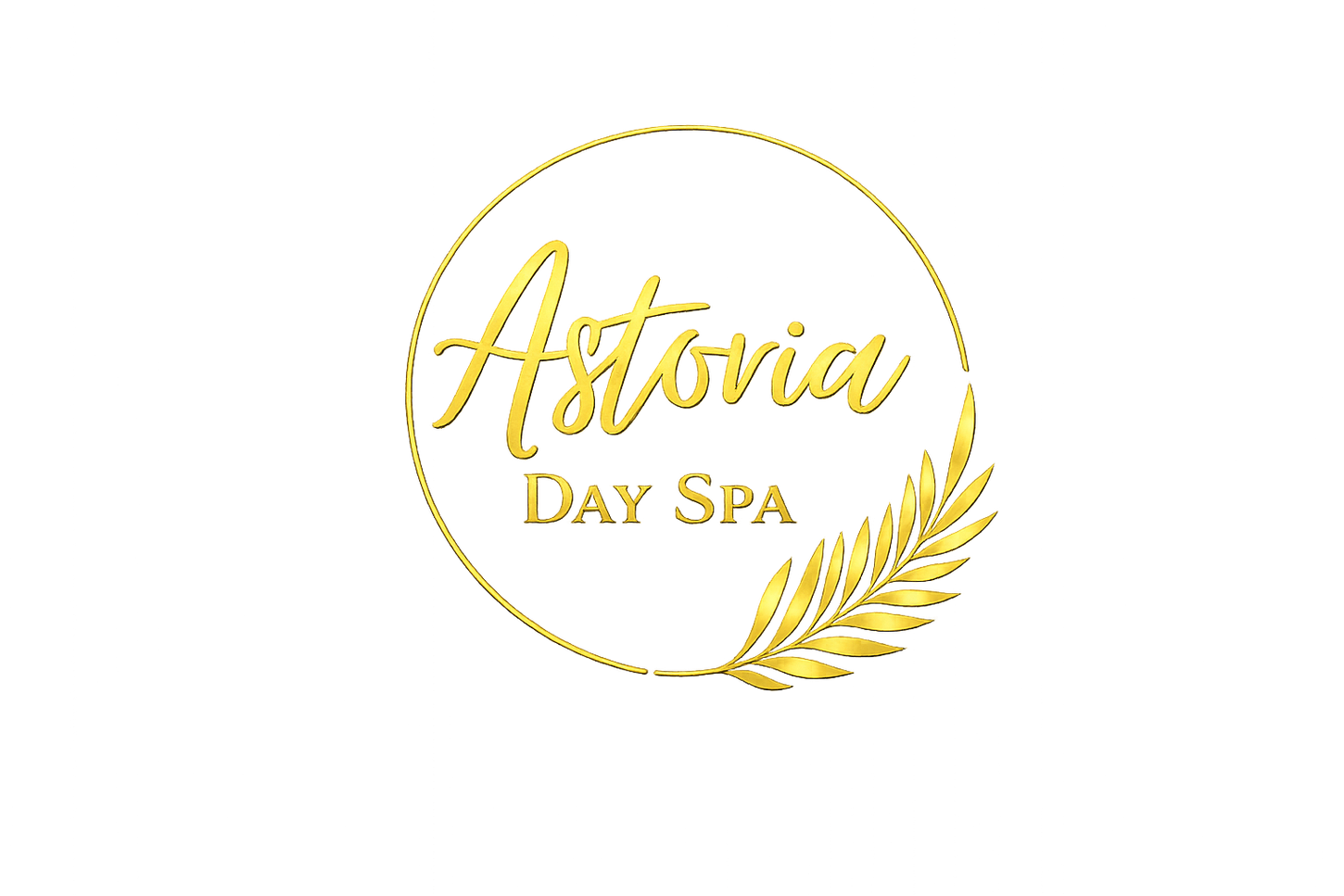 A gold logo for Astovia Day Spa, featuring elegant cursive text and a stylized branch design inside a circular frame.