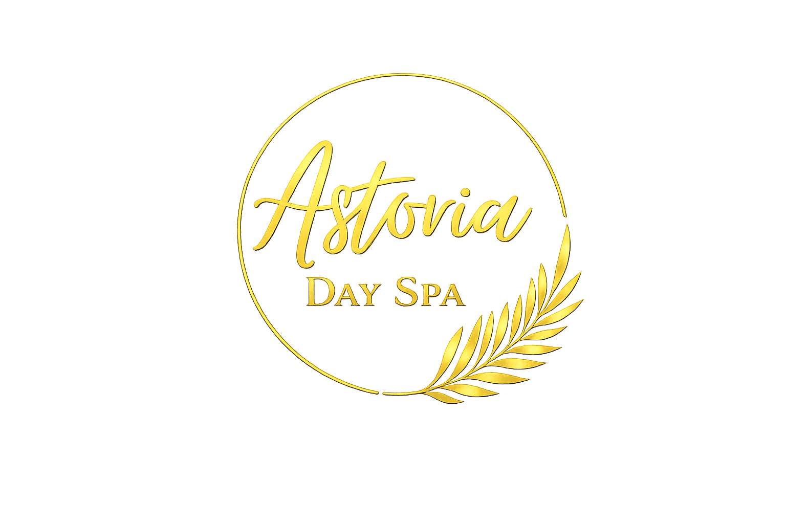A gold logo for Astovia Day Spa, featuring elegant cursive text and a stylized branch design inside a circular frame.