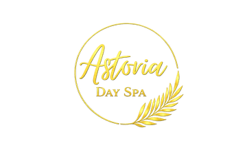 A gold logo for Astovia Day Spa, featuring elegant cursive text and a stylized branch design inside a circular frame.