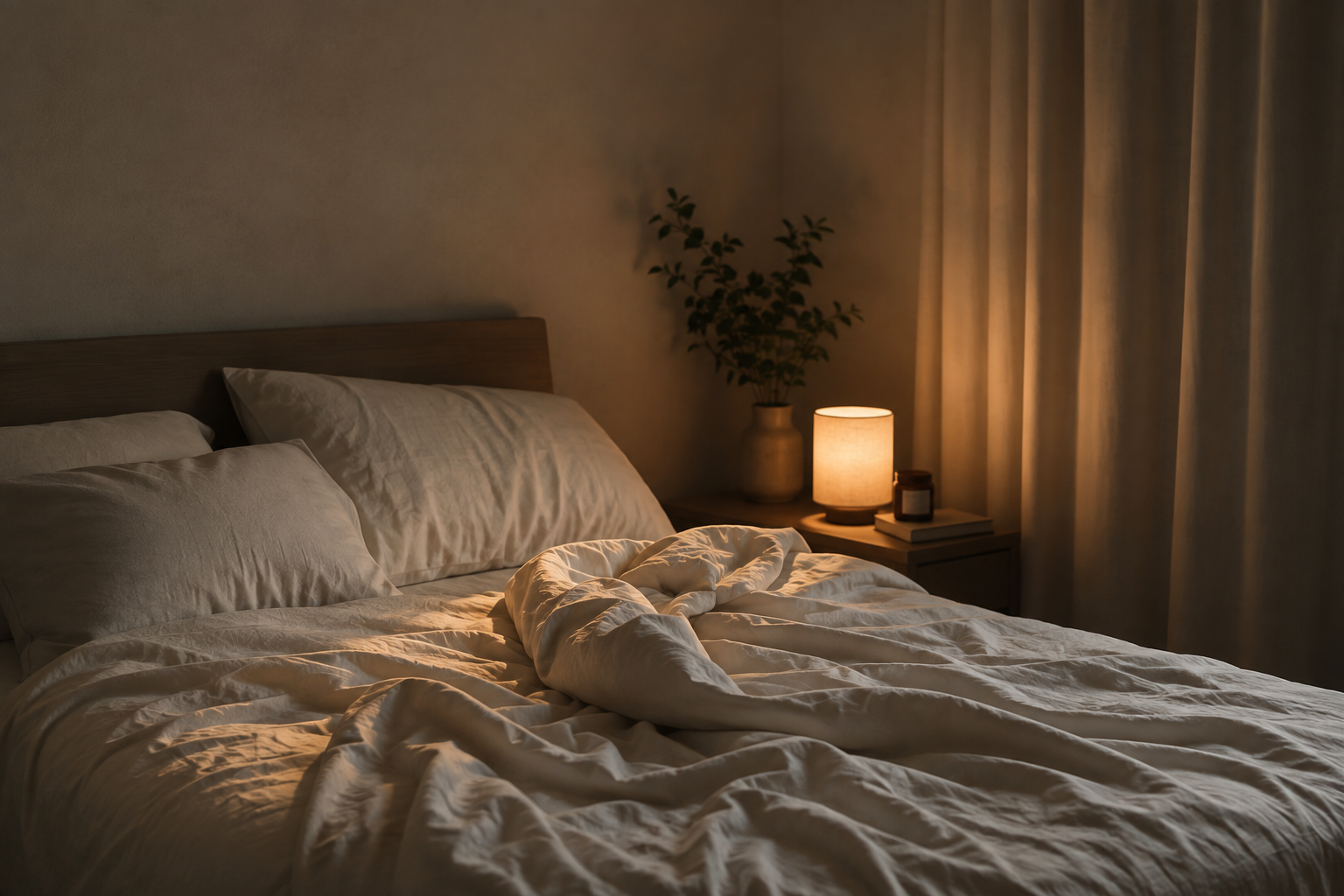 Cozy bed with rumpled white sheets, warm bedside lamp, and soft curtain-lit bedroom ambience