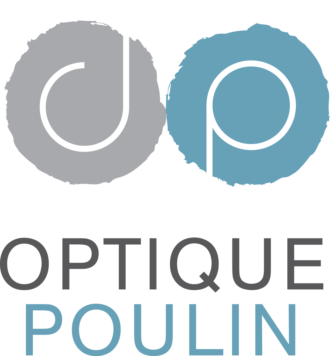 Logo pour Optique Poulin avec des cercles abstraits gris et bleus au-dessus du nom de la marque en caractères gris et bleus.