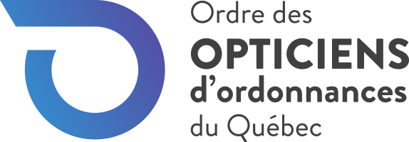 Logo de l'Ordre des opticiens d'ordonnances du Québec, comportant un graphique circulaire bleu à côté du nom de l'organisation.