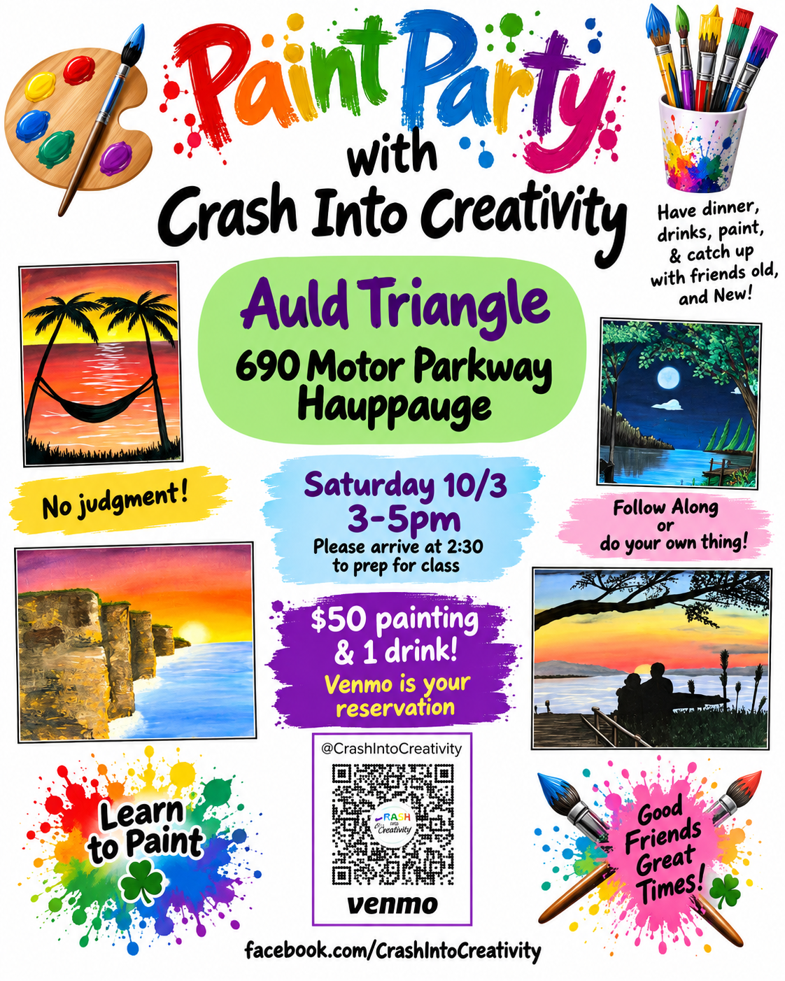 Paint party flyer for Auld Triangle in Hauppauge, with sunset paintings and event details, Sept. 10, 3–5pm