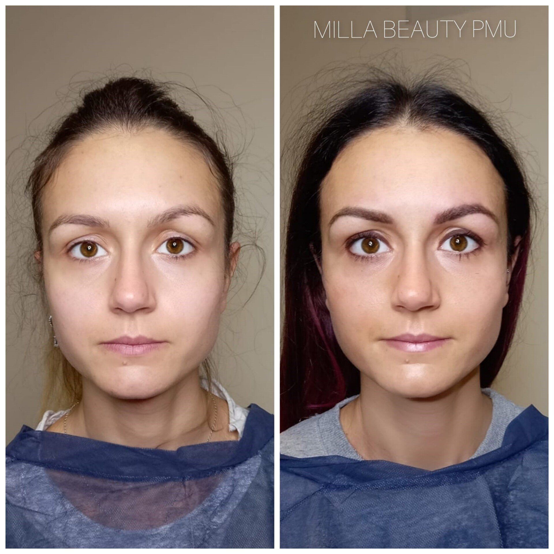 Confronto tra i volti prima e dopo: lato sinistro, viso nudo; lato destro, sopracciglia modellate e trucco applicato.