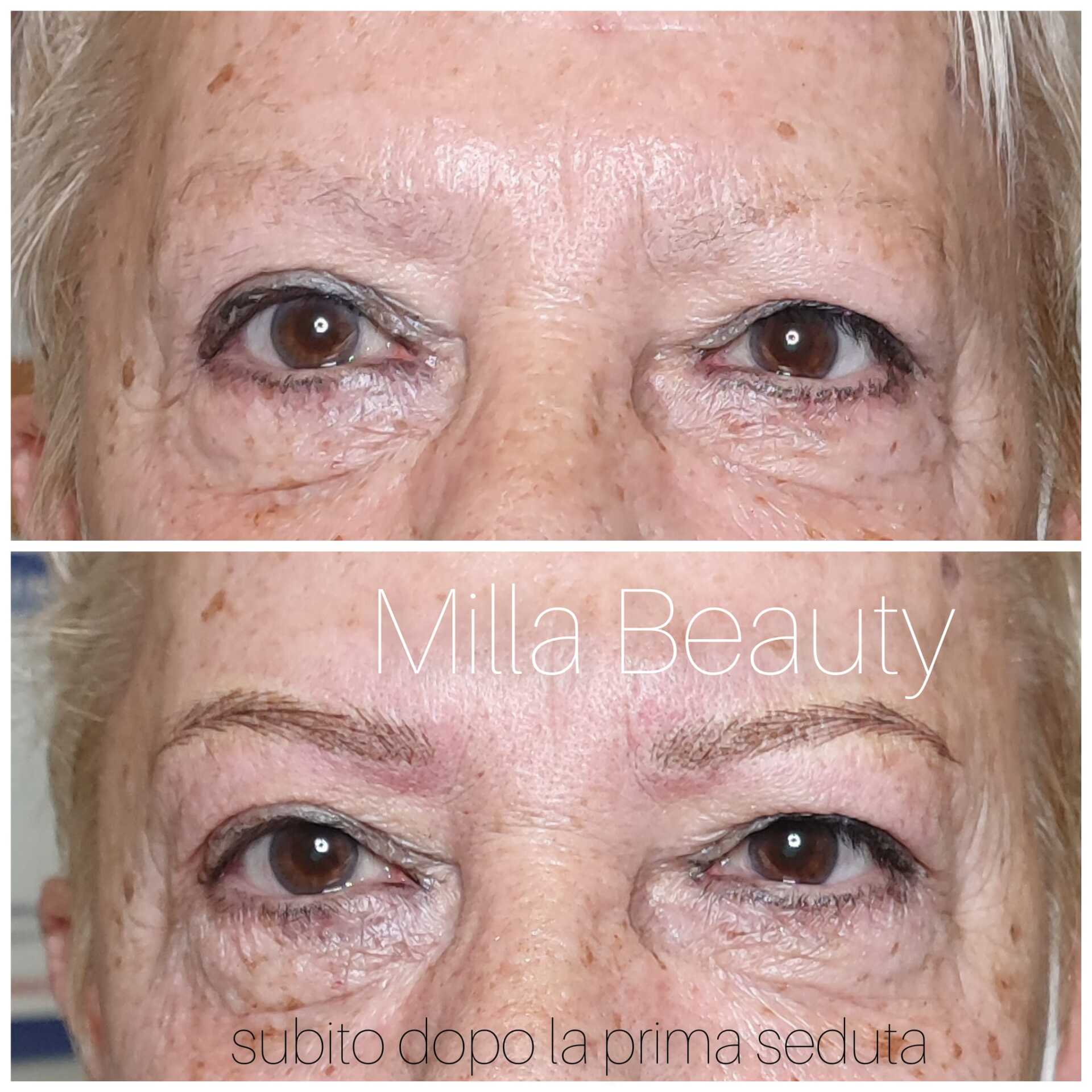 Prima e dopo il microblading delle sopracciglia: l'immagine superiore mostra sopracciglia rade