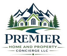 Premier Home and Property Concierge LLC logo with house, mountains, and pine trees