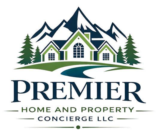 Premier Home and Property Concierge LLC logo with house, mountains, and pine trees