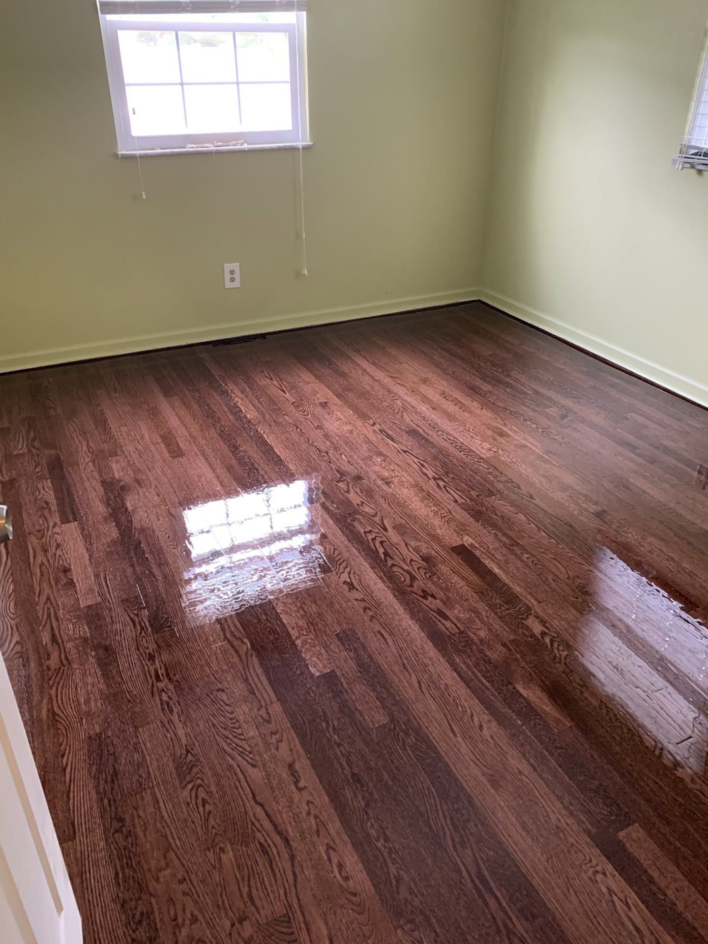 Empty room with light green walls, hardwood floor, and a small window.