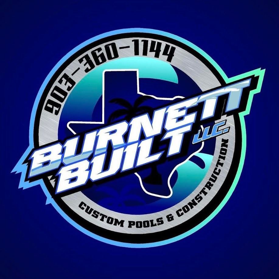 Logo for Burnett Built LLC, featuring a blue Texas outline, a palm tree silhouette, and company text in a circular frame.