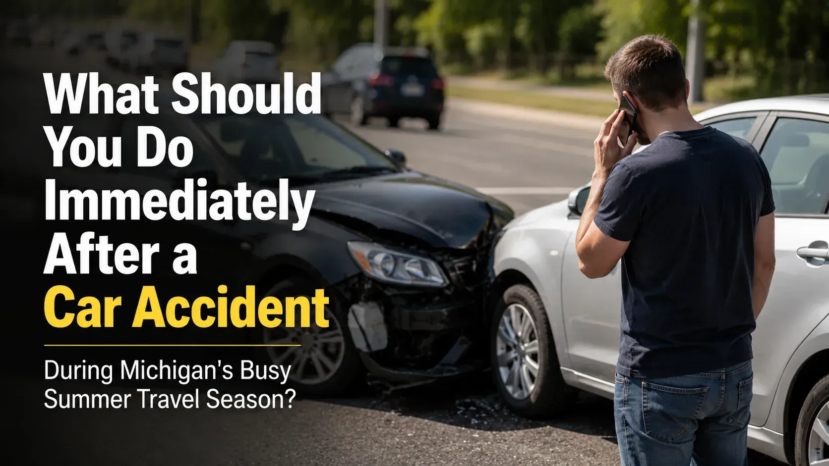A man talking on his phone next to a two-car collision, demonstrating what to do after a car accident.