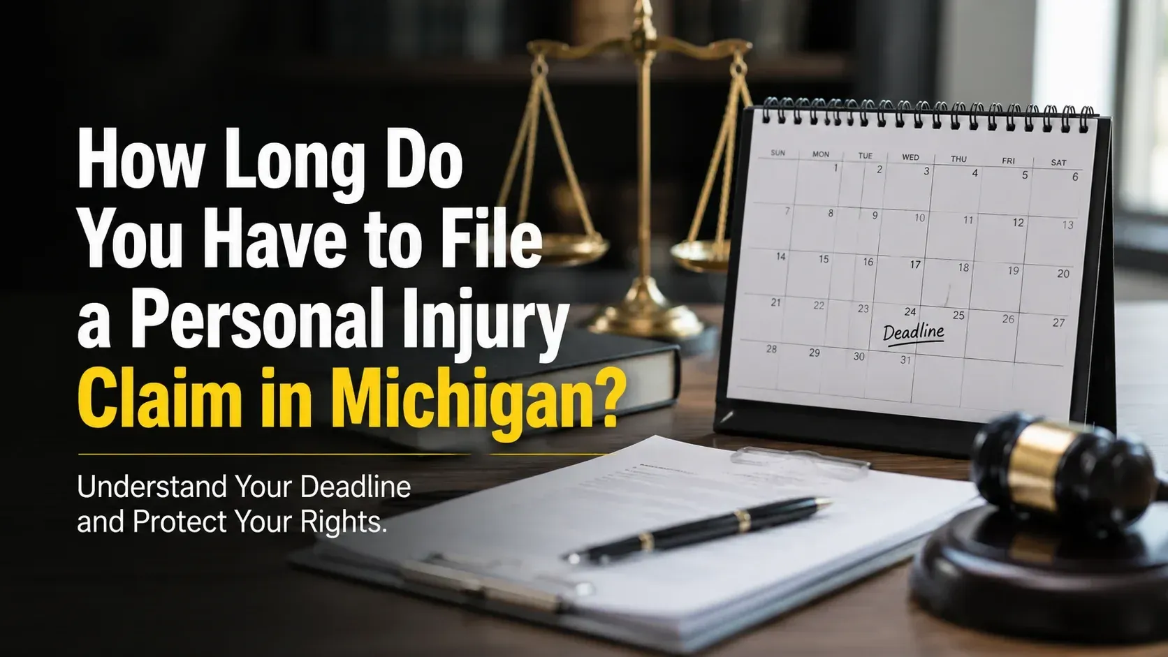 A legal-themed blog post header featuring a calendar with 'Deadline' marked on it, scales of justice, and a law book, illustrating how long do you have to file an injury claim.