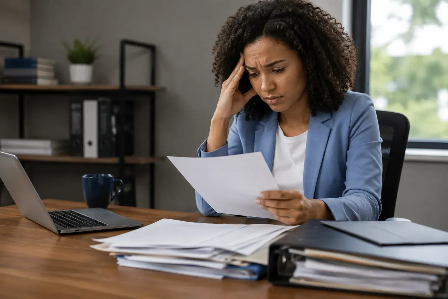 A stressed woman reviewing paperwork at her desk after feeling wrongfully terminated.