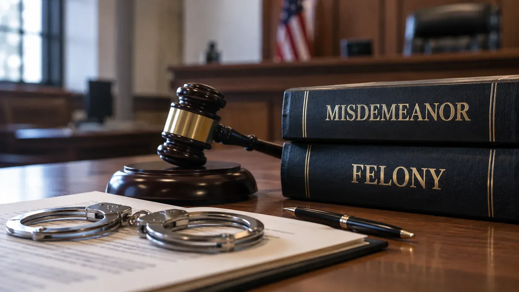 Gavel next to Misdemeanor and Felony law books under Michigan law in Southfield, MI.