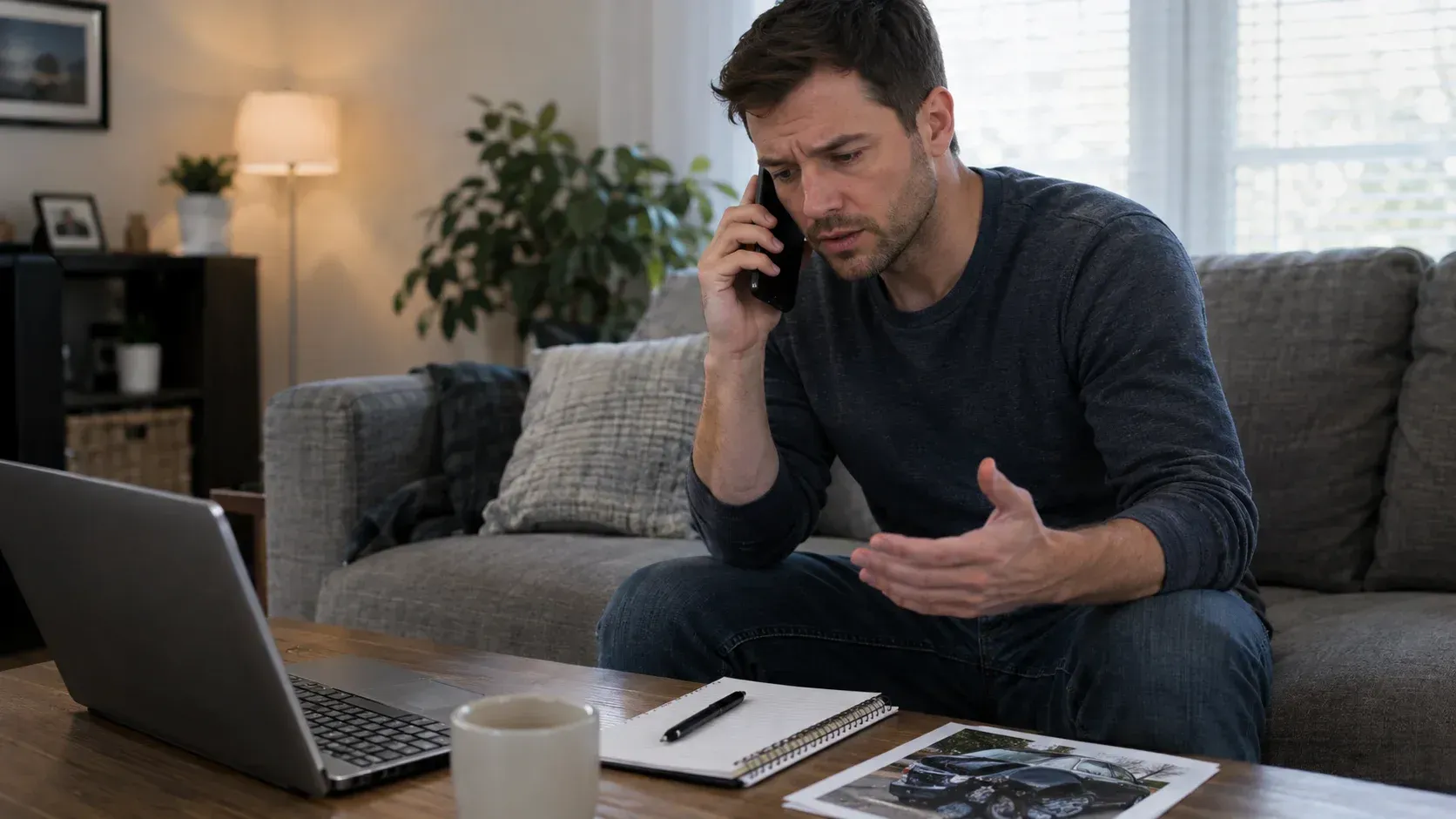 Southgate car accident victim talking worriedly on the phone with an insurance adjuster.